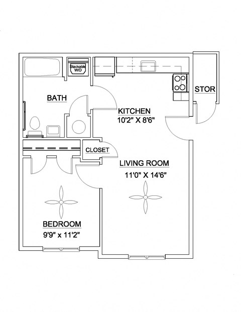 Floor plan for 1 bed, 1 bath, 535 sqft